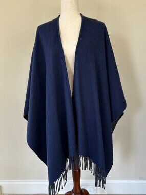 Rag & Bone Navy Wool Blend Fringe Wrap Poncho One Size